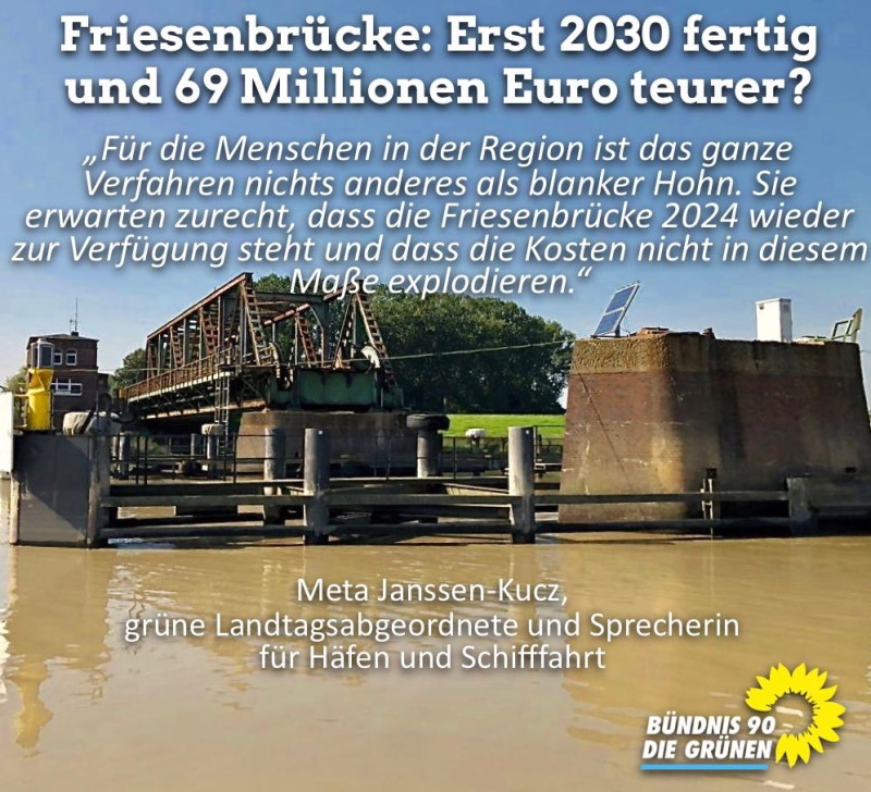 Bild mit Text zu Verzögerung und kostensteigerung des Neubaus der Friesenbrücke